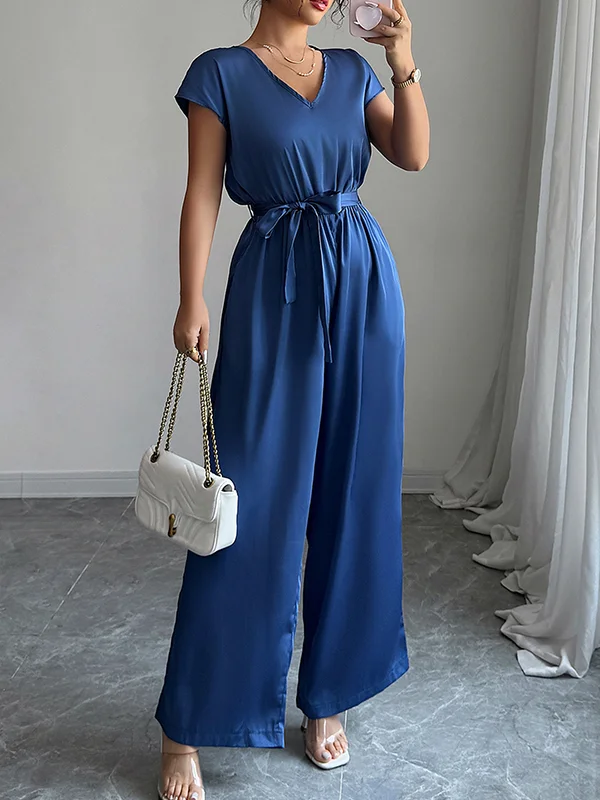 Tied Waist Solid Color Pockets Pleated Backless Wide Leg Short Sleeves V-Neck Jumpsuits