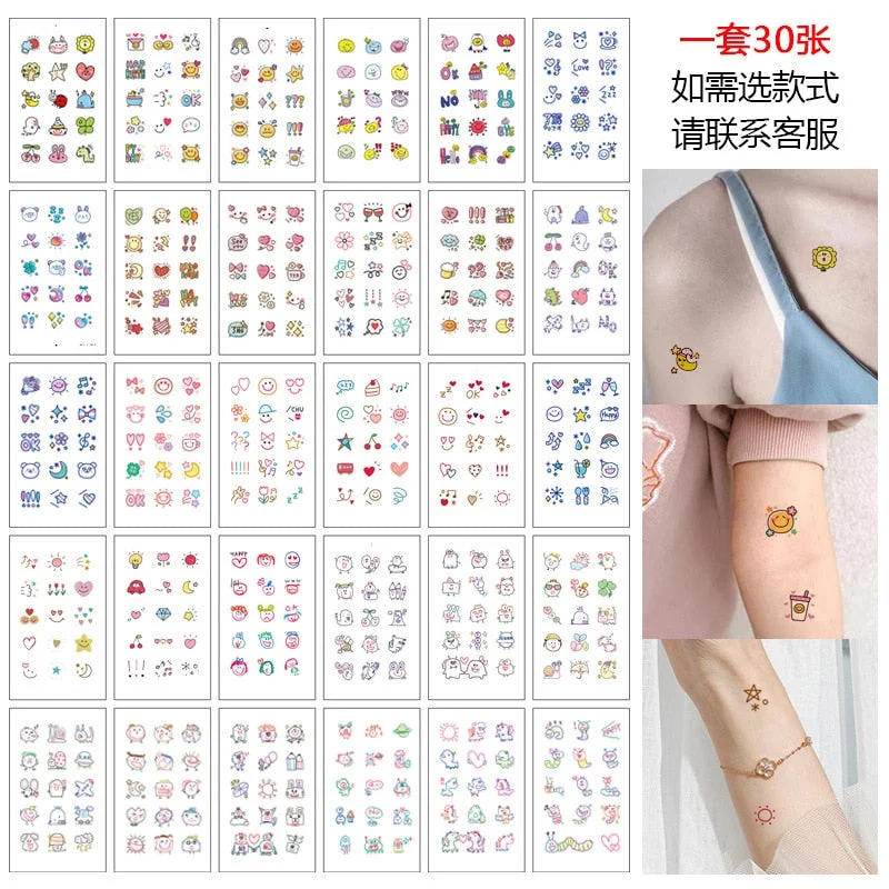 30pcs Cute Smile Colorful Temporary Tattoos for Women Men Figure Hands Fake Tatto Stickers Waterproof Small Cartoon Body Decals