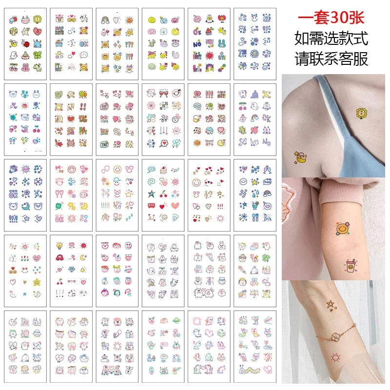 30pcs Cute Smile Colorful Temporary Tattoos for Women Men Figure Hands Fake Tatto Stickers  Waterproof Small Cartoon Body Decals