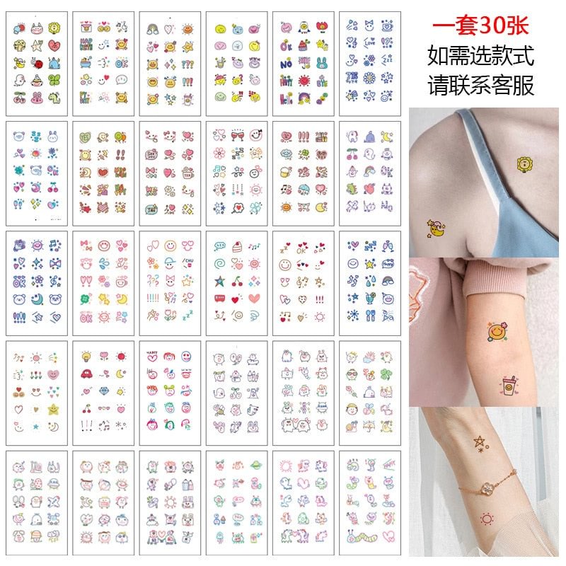 30pcs Cute Smile Colorful Temporary Tattoos for Women Men Figure Hands Fake Tatto Stickers  Waterproof Small Cartoon Body Decals