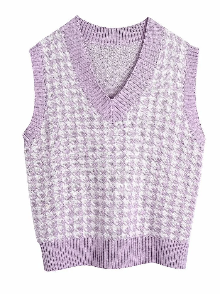 WannaThis V-neck Sweaters Women Sleeveless Print Casual Y2K Loose England Style Patchwork Knit Autumn Winter Tank Tops Fashion