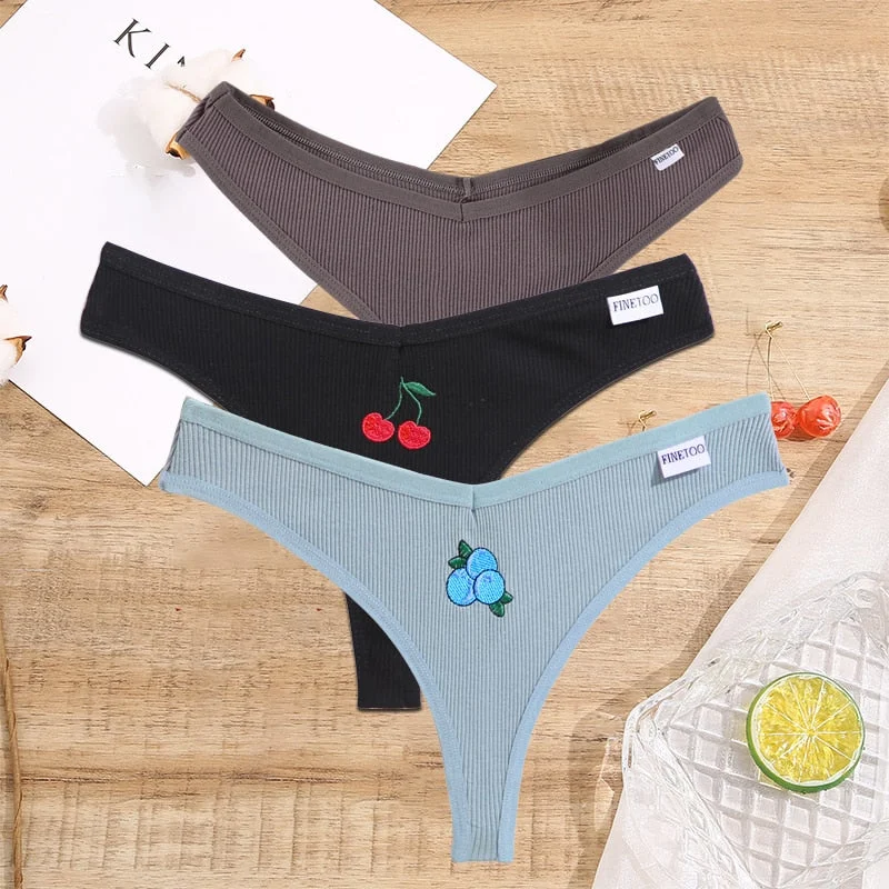 FINETOO 2/3PCS Women Lingerie Fruit Embroidery Panties G-string Sexy Low Rise Cotton Thongs Girl Underwear V-Waist Female Pantys