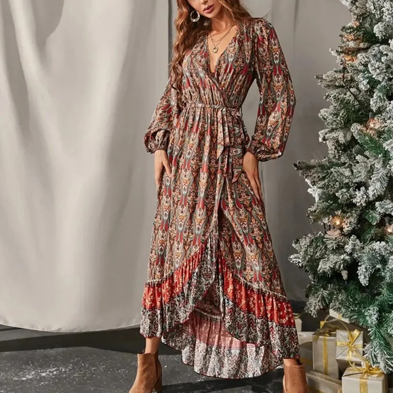 Woherb Woherb Spot Women's Wear Fall 2023 New Long Sleeve Large Swing Bohemian Print Dress-Outfit Ideas