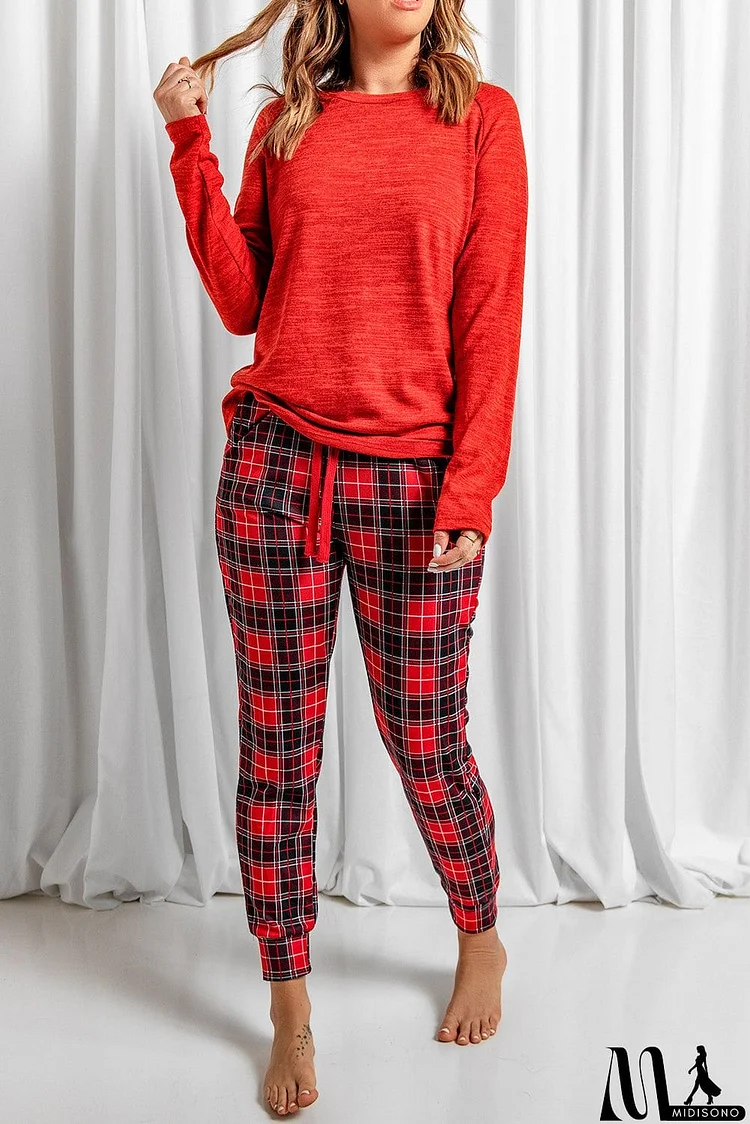 Solid Long Sleeve Top and Plaid Pants Loungewear