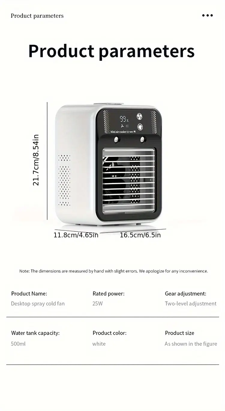 2025 new cooled fan with ice cooling portable desktop spray humidifier rechargeable or usb powered 2 battery capacity 3000mah square shape 36v or below no portable air cooler modern aesthetic durable build quality portable air cooler Product details 18