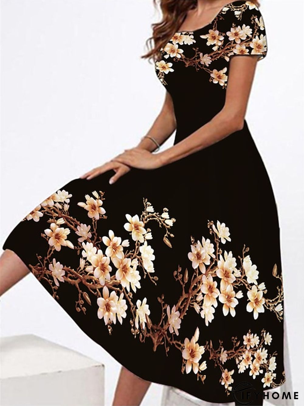 Women's Casual Dress T Shirt Dress Tee Dress Sheath Dress Graphic Floral Print Crew Neck Midi Dress Vintage Elegant Daily Holiday Short Sleeve Regular Fit Black White Yellow Winter Fall S M L XL XXL | IFYHOME