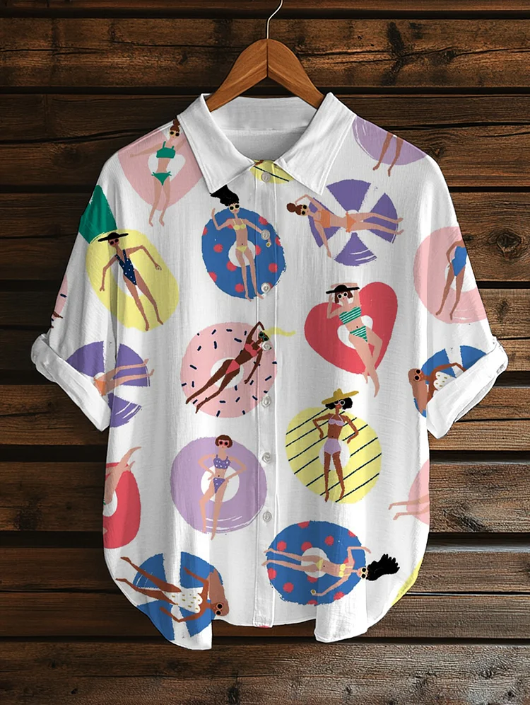 Women's Vacation Girls Floated Leisurely On The Sea Print Short Sleeve Shirt