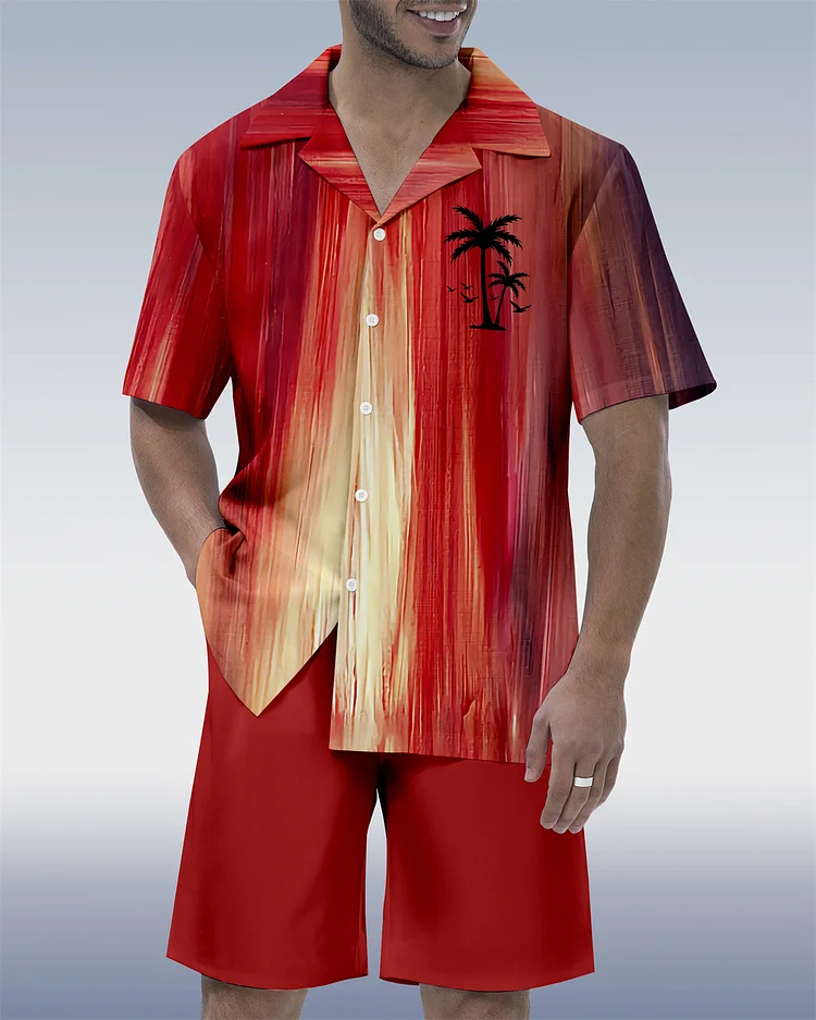 Men's Casual Vacation Hawaiian Cuban Collar Short Sleeve Shirt Set