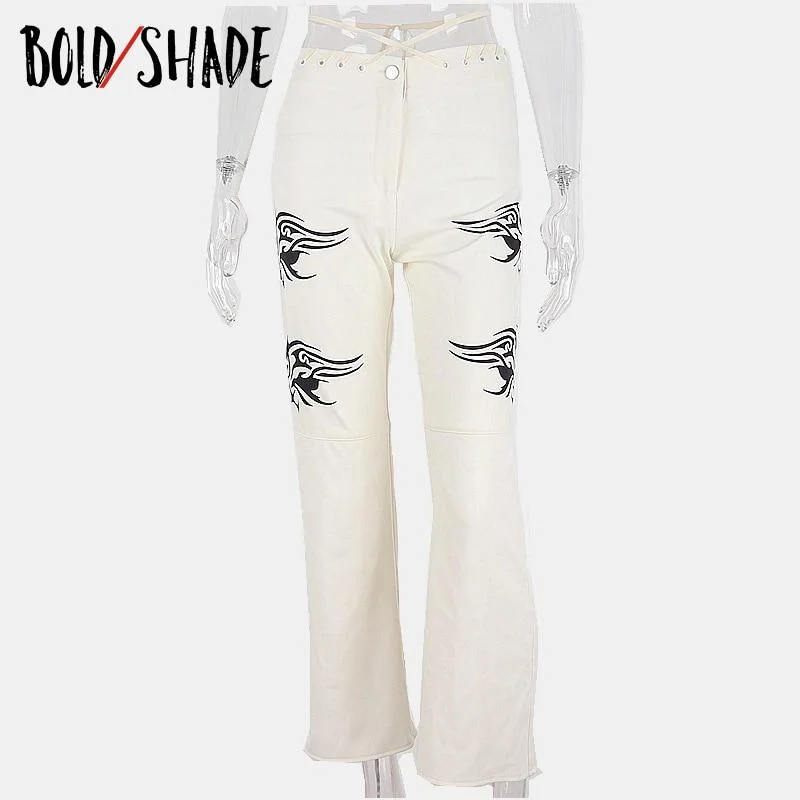 Bold Shade Street Style Retro Pants Y2K Graphic Print High Waist Straight Legs Pants Soft Grunge Fashion Indie Trousers Lace Up