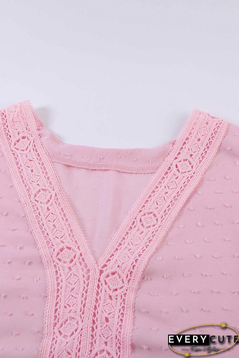 Pink V Neck 3/4 Sleeve Swiss Dot Casual Shirt