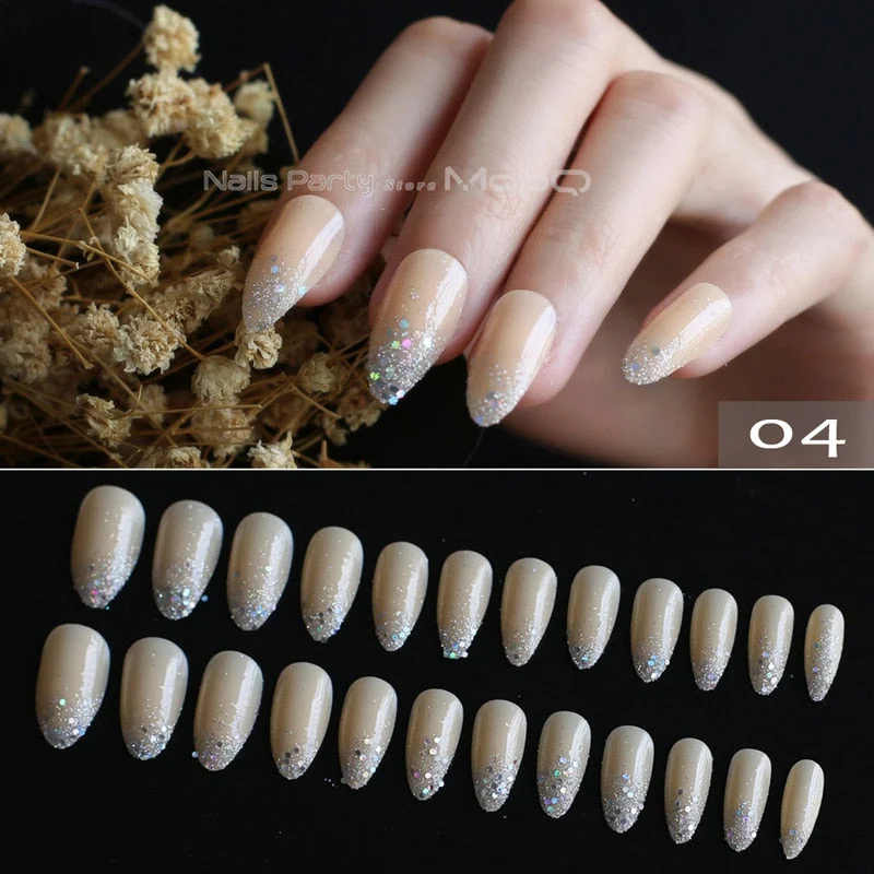 Gray Ombre French glitter AB Short Stiletto UV Gel nude Fake Nails Black Shimmer Finger red false nail point tip pink Handmade-Nail Inspo