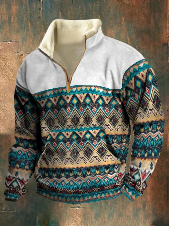 Men's Retro Western Style Arctic Velvet Stand Collar Sweatshirt