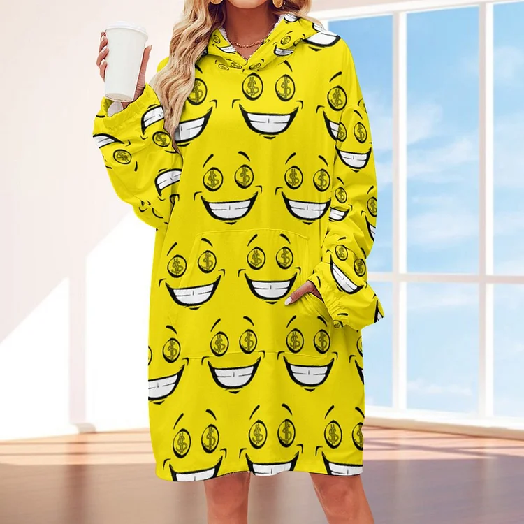 Rich Greedy Money Eyes Yellow Face Oversized Sherpa Blanket Casual Pullovers Wearable Blanket For Adults Nightgown - Heather Prints Shirts