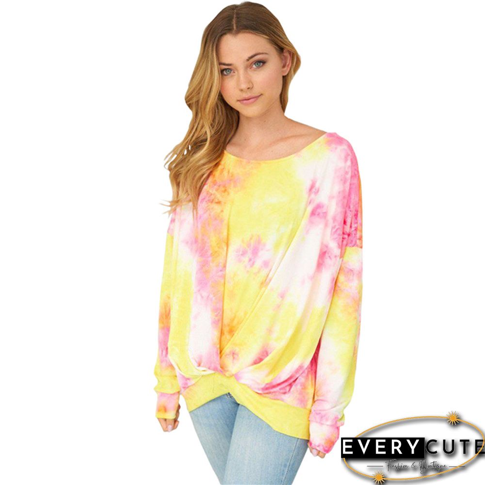 Yellow Tie Dye Twist Front Long Sleeve Tops