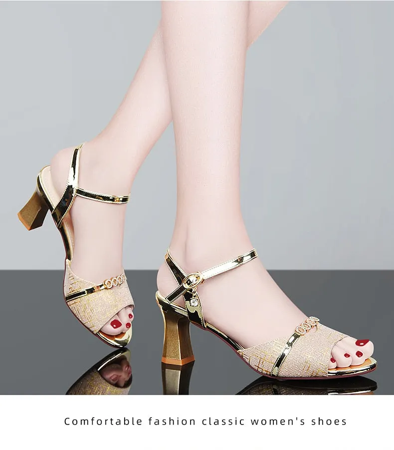 2021 Ladies Sandals Shoes Women L Luxury High Quality Sandals Ankle Mid Heel Block Party Open Toe Square Shoes Zapatos De Mujer