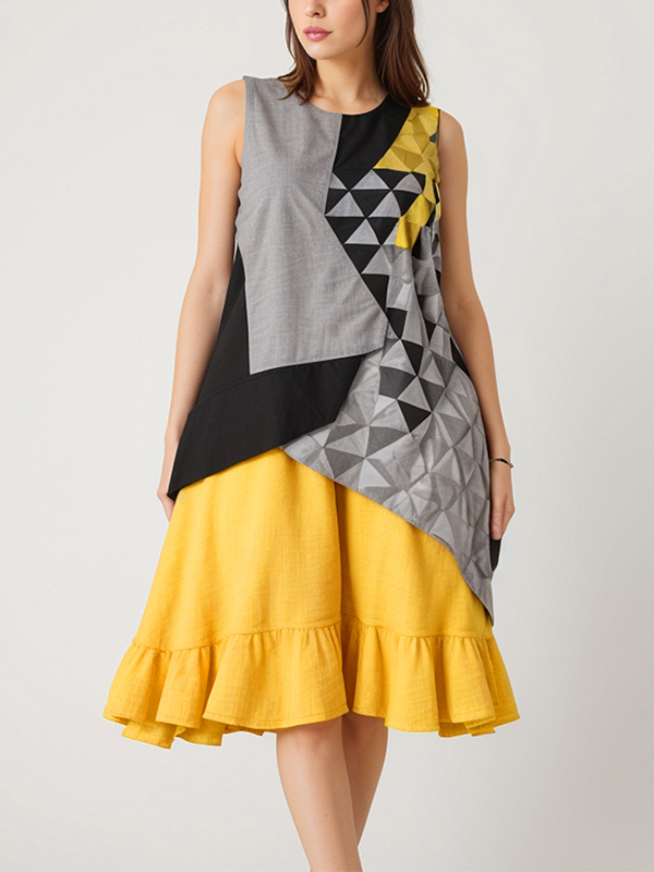 Sleeveless Loose Printed Patchwork Ruffled Hemline Midi Dress