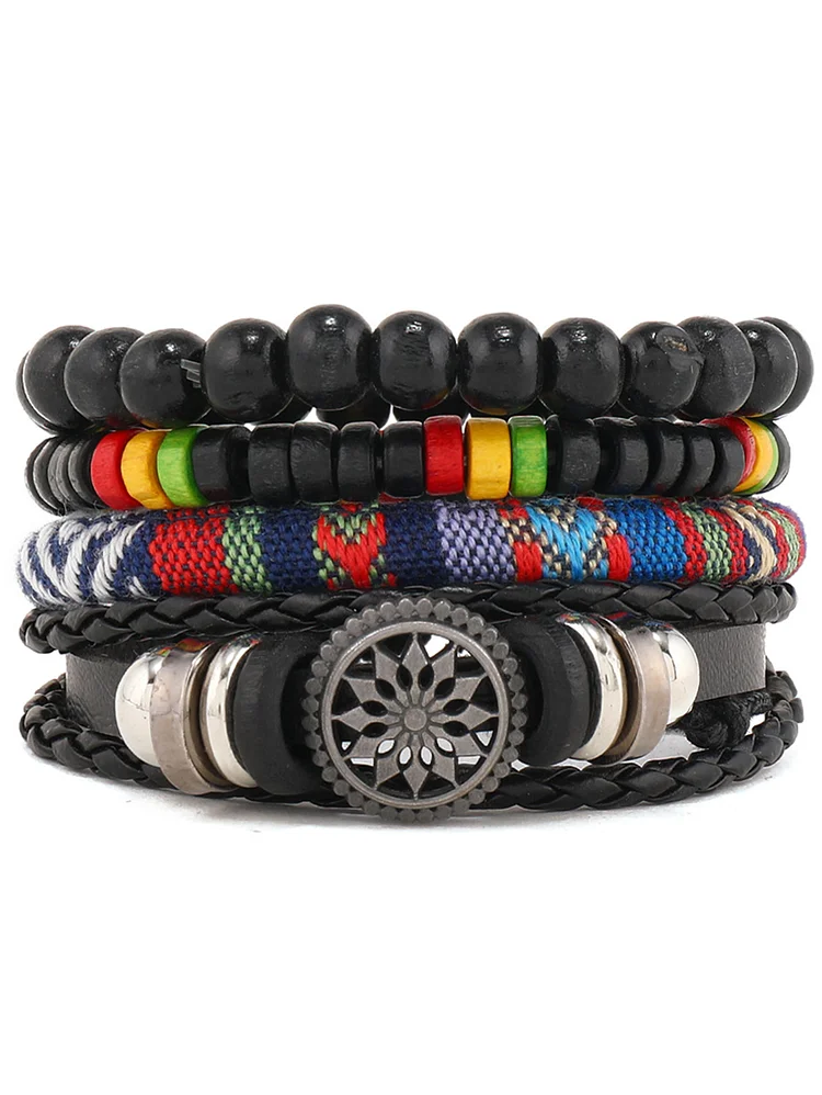 Simple Woven Beads Rope Tiered Leather Bracelet