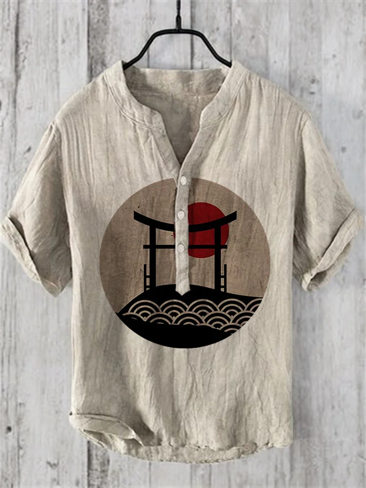 Japanese Shrine Sunrise Linen Blend Shirt