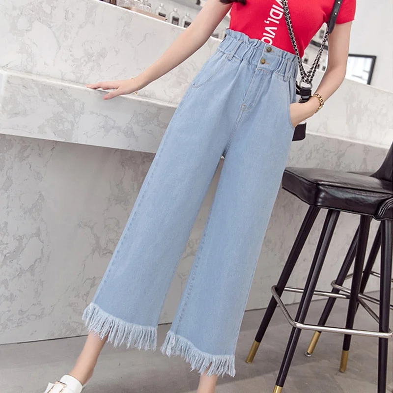Zoki Spring Plus Size Women Jeans Tassel High Waist Elastic Ankle-Length Denim Pants Fashion Loose Wide leg Female Jeans S-5XL