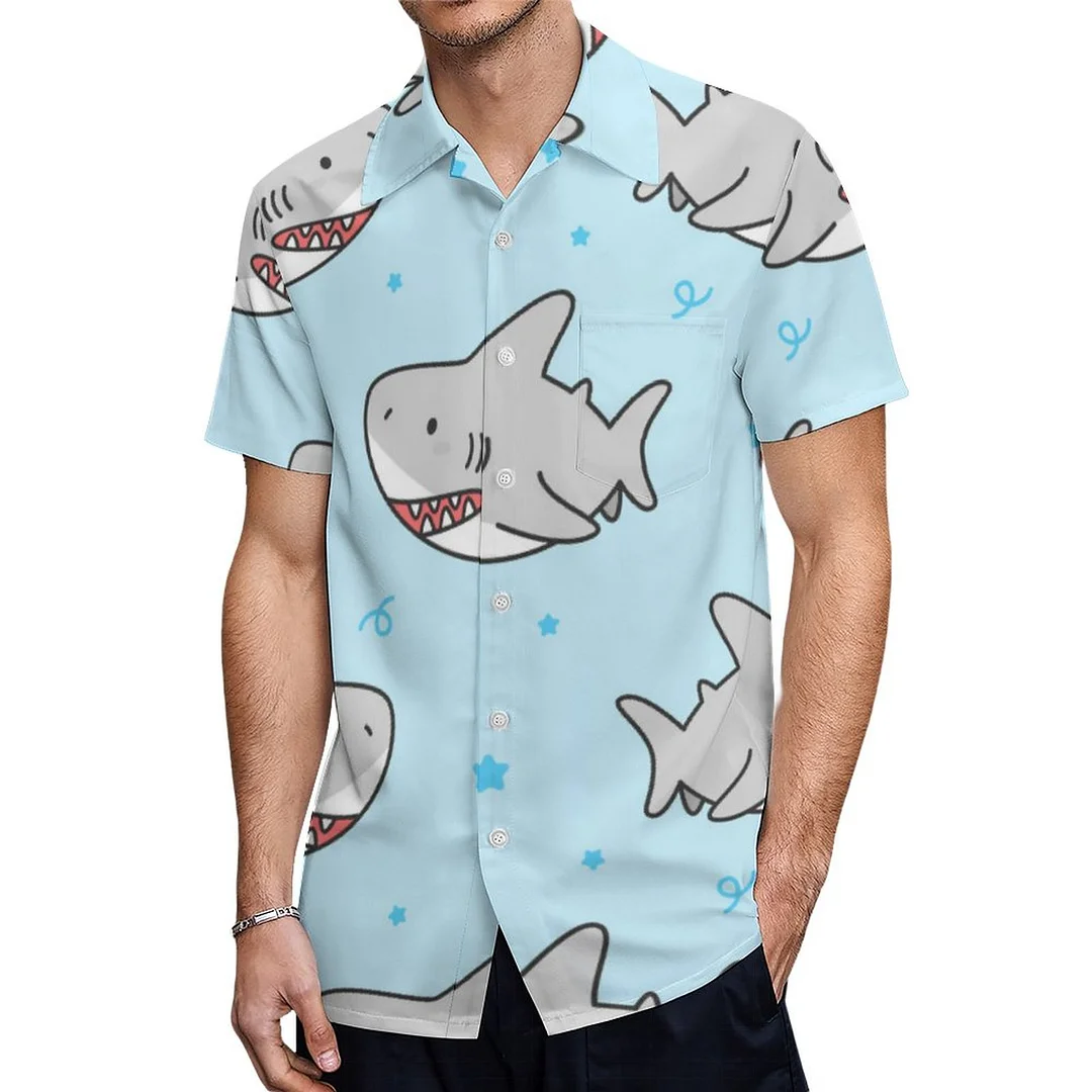 Short Sleeve Sky Blue Baby Shark Ocean Animal Hawaiian Shirt Mens Button Down Plus Size Tropical Hawaii Beach Shirts