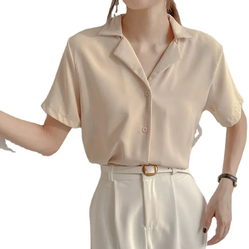 Brownm Brownm Spring And Summer College Style Retro Korean Version Of Professional Suit Collar Turn Students Short Sleeve Shirt Female Pure Color Top Female
