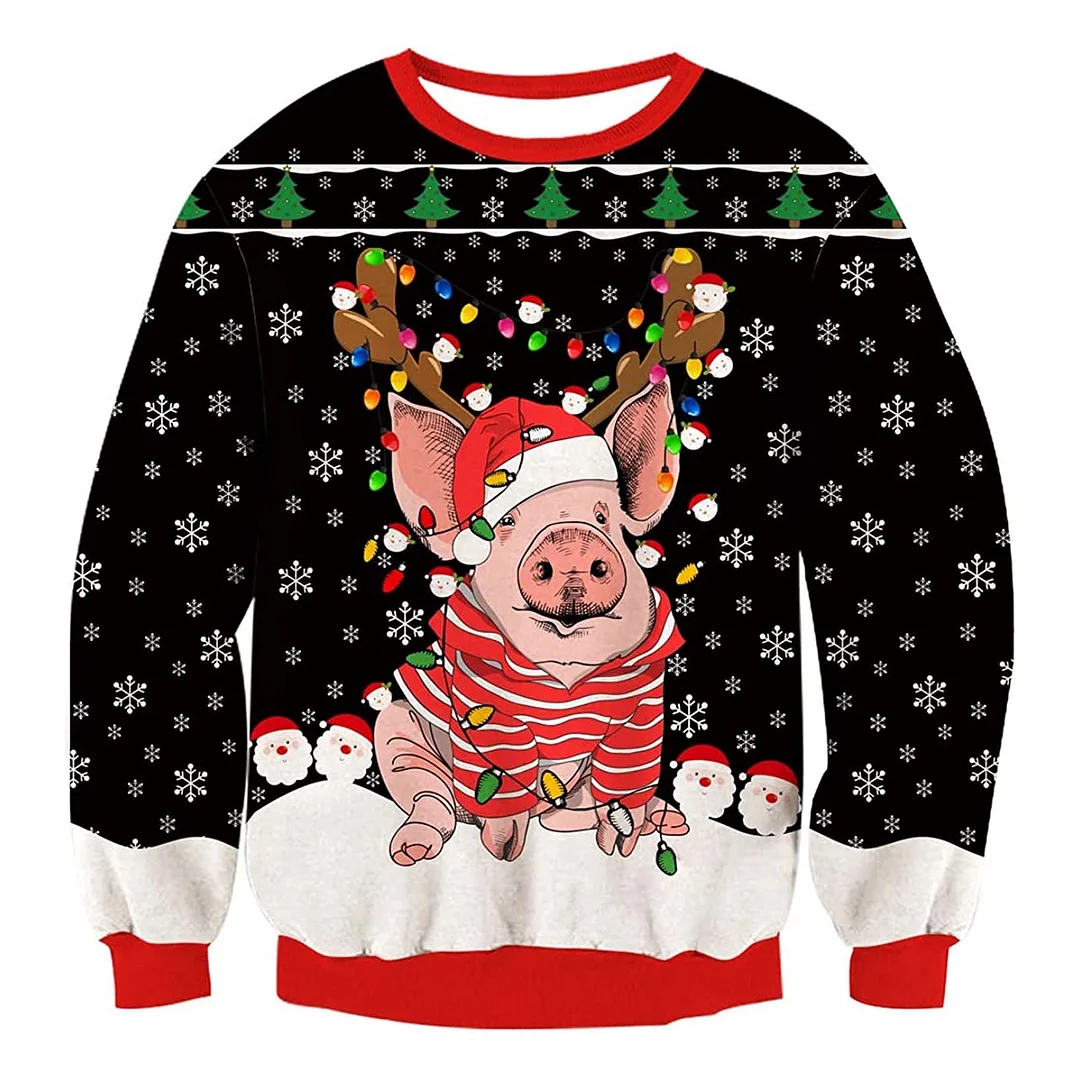 Unisex Bulb Pig Print Crew Neck Ugly Christmas Sweatshirt
