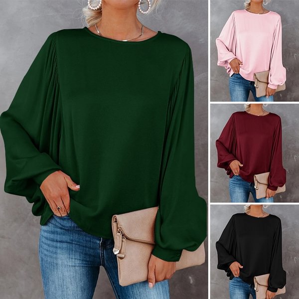 Women Puff Sleeved Casual Silk O-Neck Shirts Party Clubbing Blouse Tops - BlackFridayBuys
