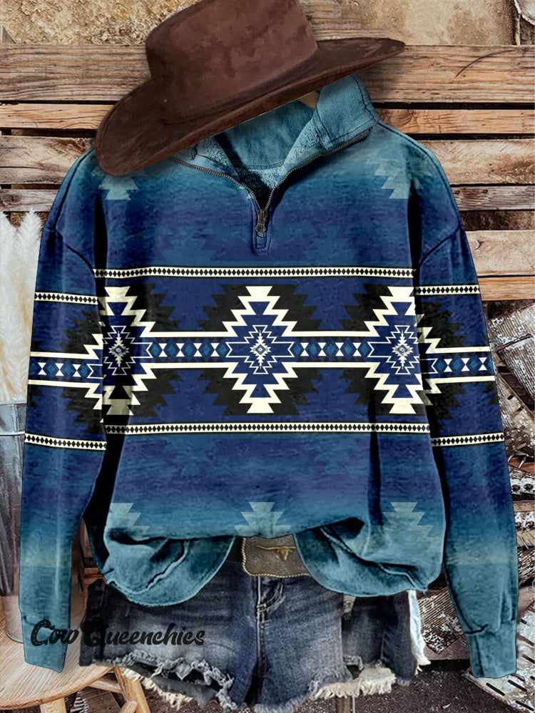 Aztac Print Casual Long Sleeve Zip Sweatshirt Multicolor / S