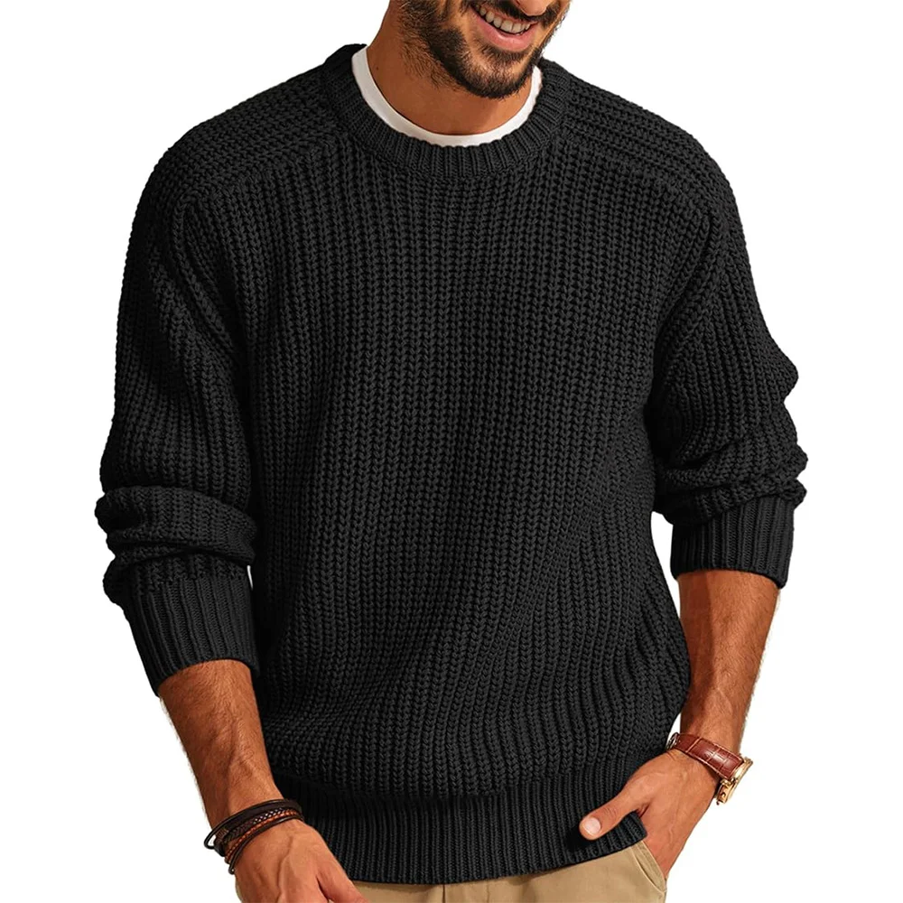 Mongw Mongw New Men's Solid Color Long-Sleeved Round Neck Fashion Sweater Loose Retro Sweater
