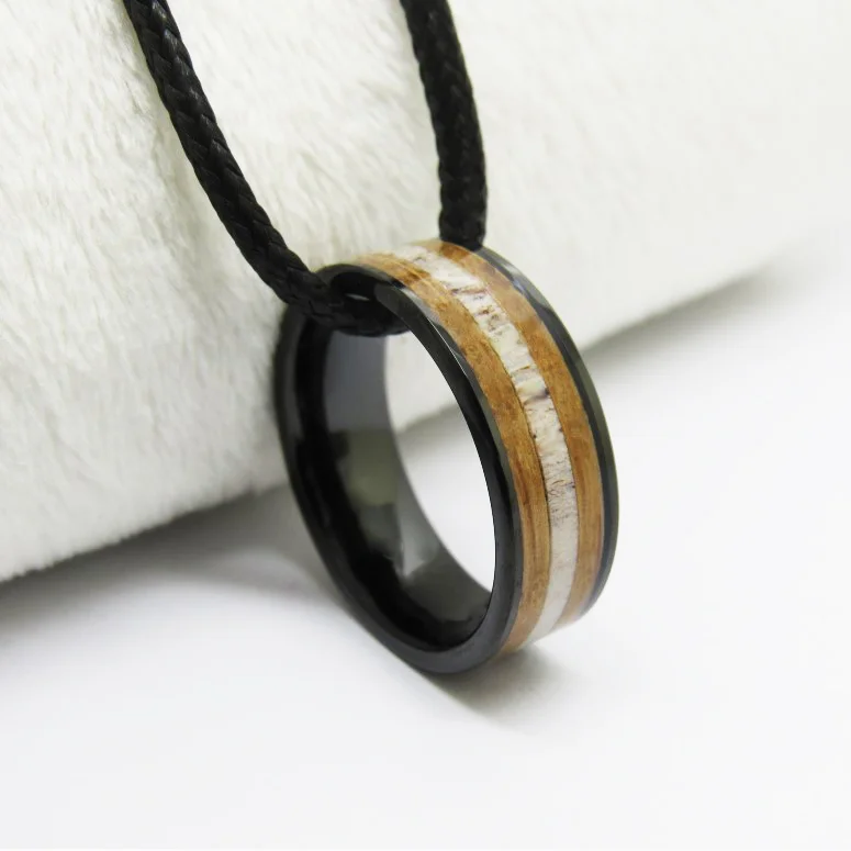 8MM&nbsp;Flat Retro Black Sides Tungsten Carbide Rings With Wood Paneling And Antler In The Middle Womens Or Men