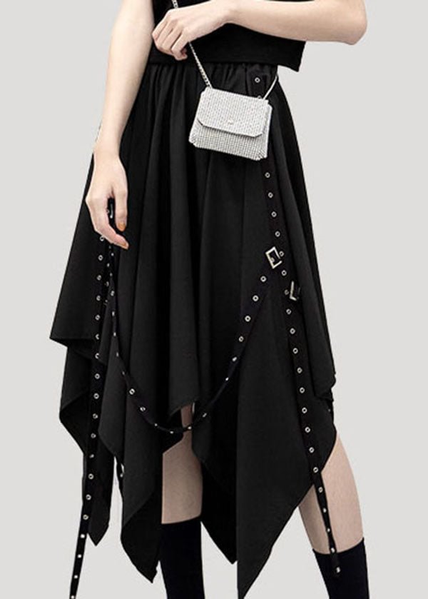 Streetwear Black Elastic Waist Asymmetrical Design Solid Color Skirt Summer