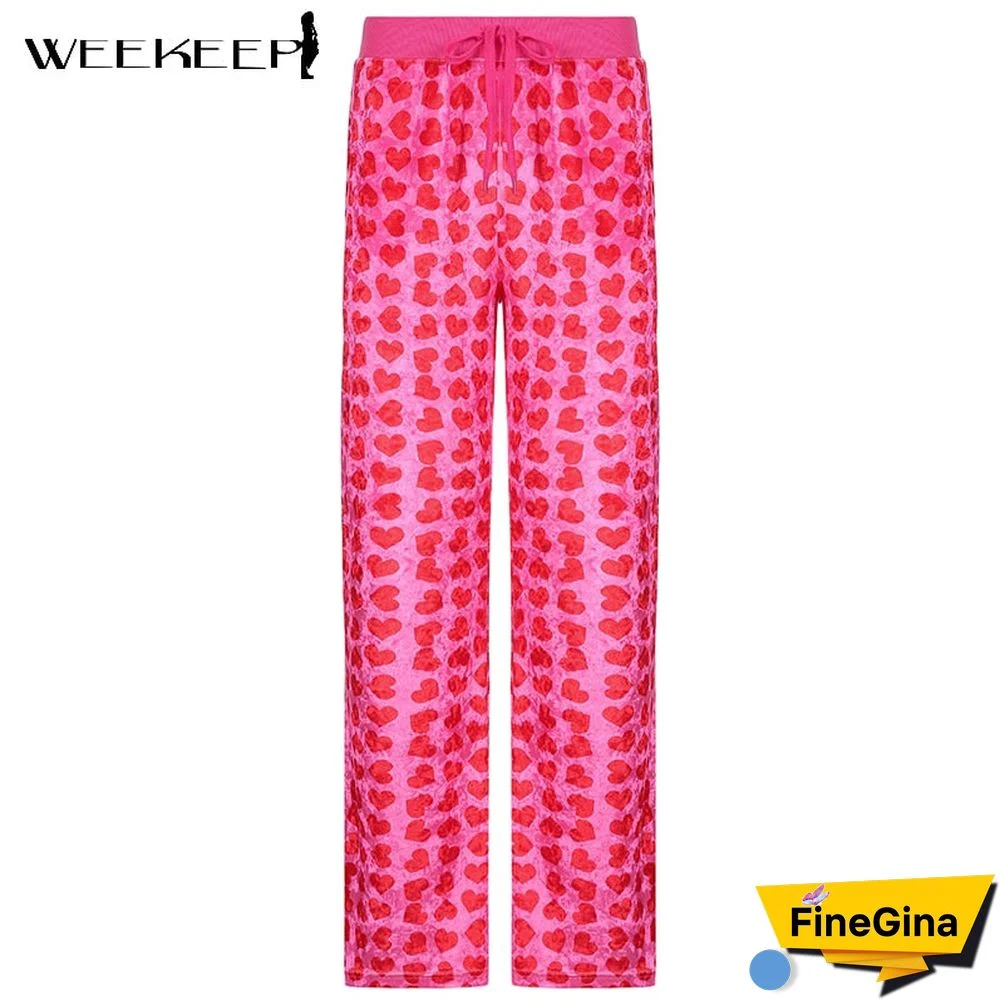 Weekeep Pink New Cute Heart Velvet Straight Trousers Streetwear Women Lace Up High Waist Baggy Pants Autumn Casual Sporty Jogger
