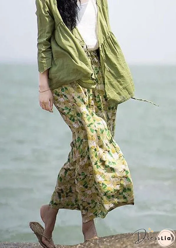 Loose Green Print Pockets Patchwork Cotton Wide Leg Pants Summer