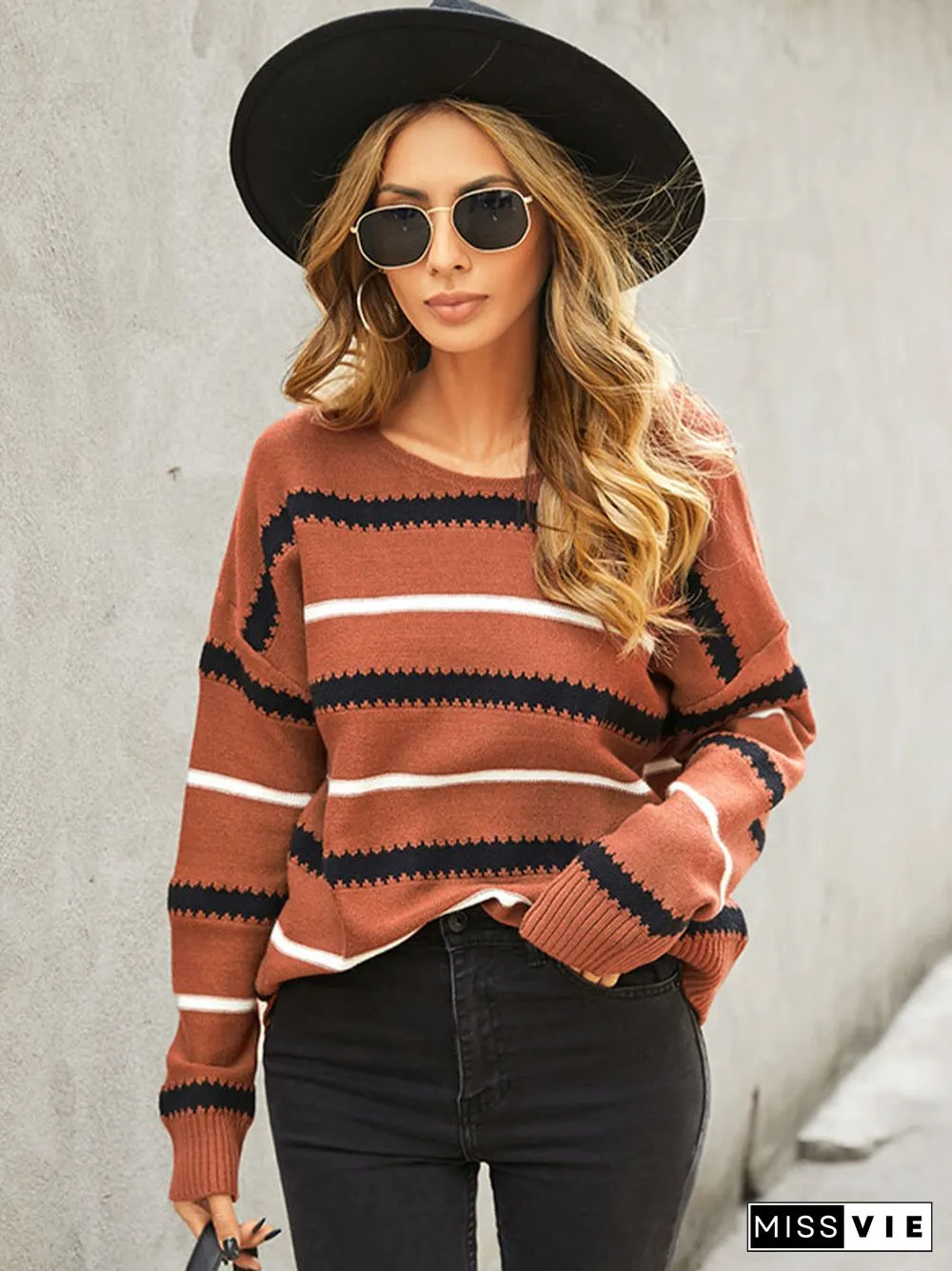 Stripe Print Drop Shoulder Long Sleeve Loose Sweater