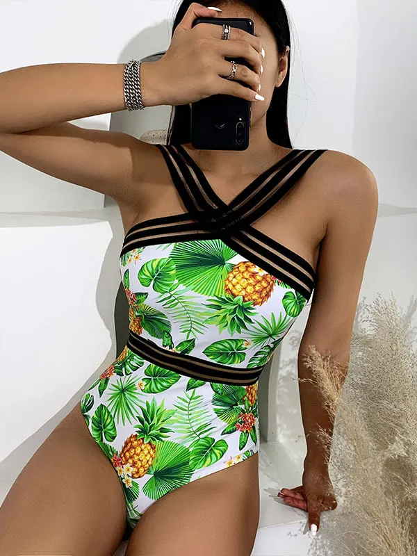 Halterneck Floral Split-Joint Backless Sexy Slim One-Piece Swimwear