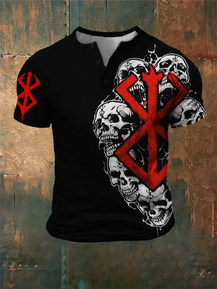 Broswear Men's Berserker Sacrifice Skulls Graphic Henley Shirt