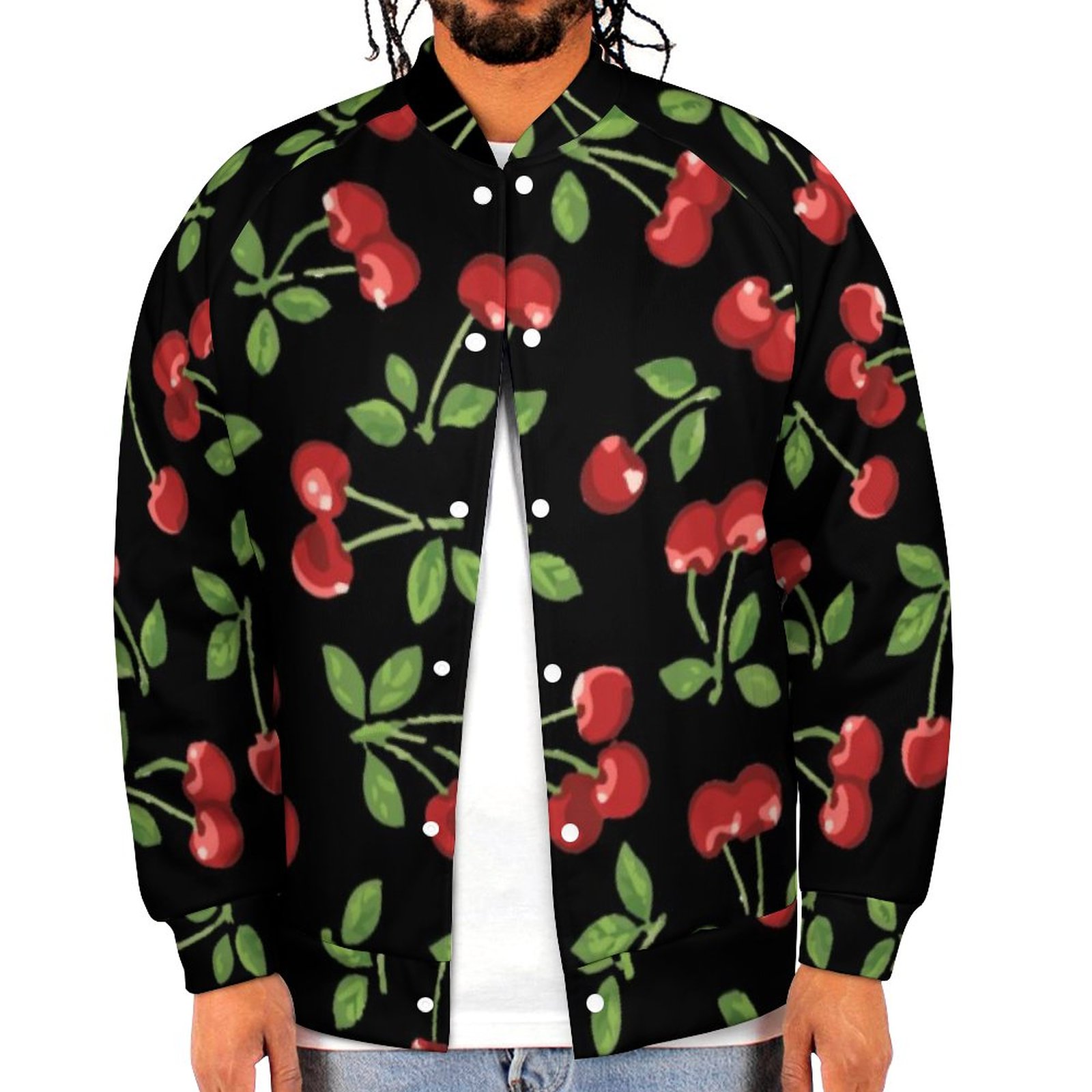 Whimsical Ripe Red Cherries Black Background Mens Baseball Jacket Guys Graphic Print Varsity Streetwear Coats