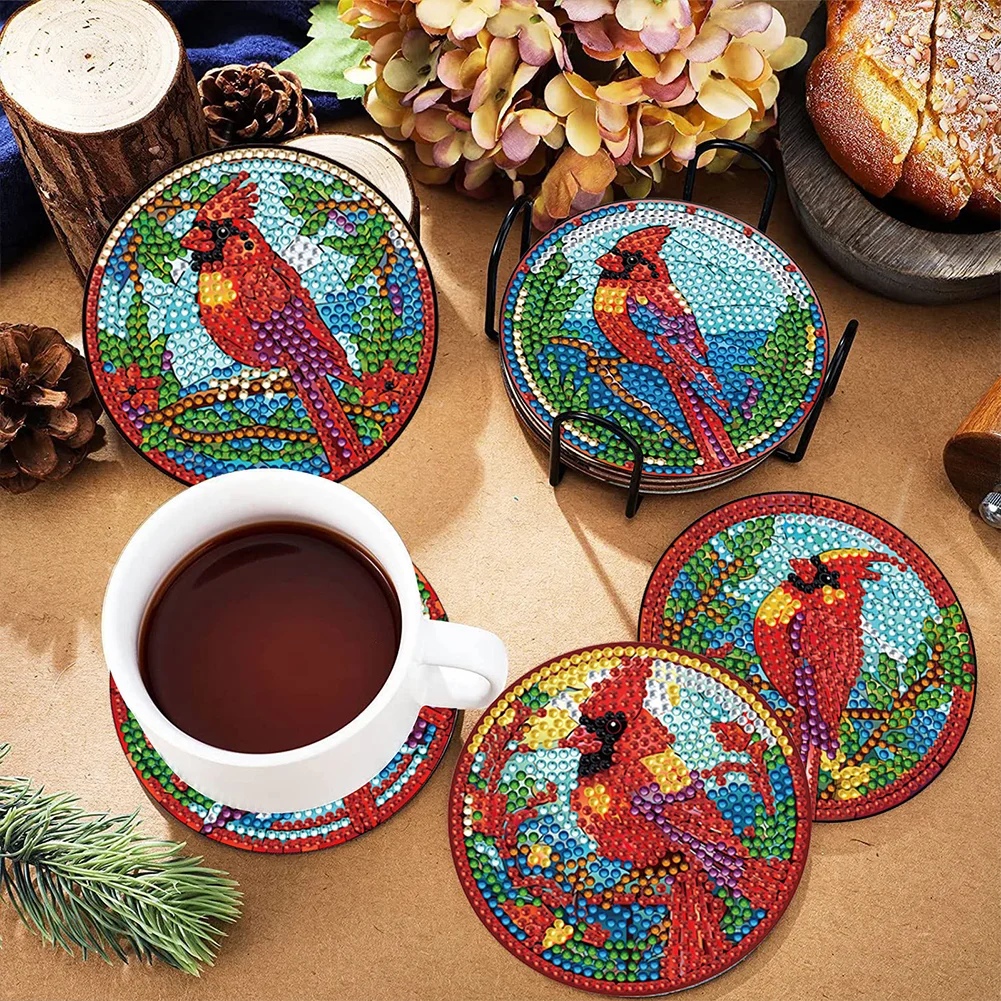 8pcs DIY Stained Glass Cardinal Diamond Painting Coasters Kits Acrylic Full Drill Coaster Single Side Diamond