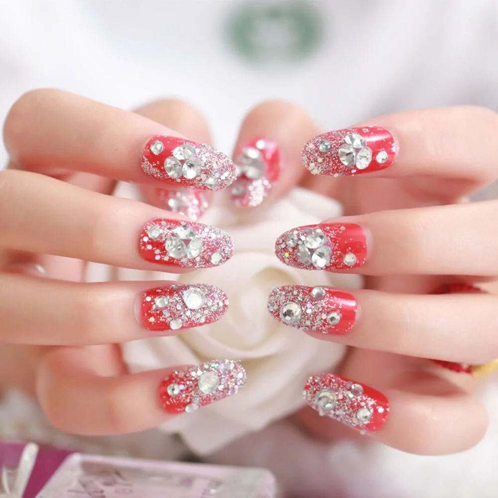 24Pcs Luxe Shining Rhinestone Wedding False Nails Transparent Glitter Gems Crown Designed Square Full Short Fake Art Bride-Nail Inspo