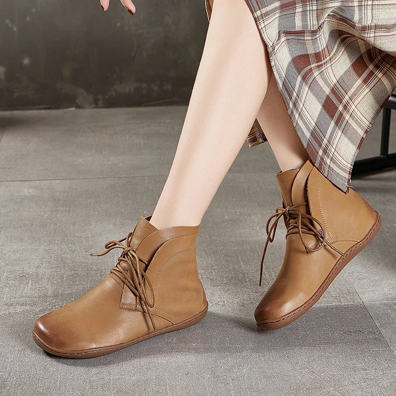 Handmade Retro Leather Lace Up Ankle Boots For Women Brown/Khaki