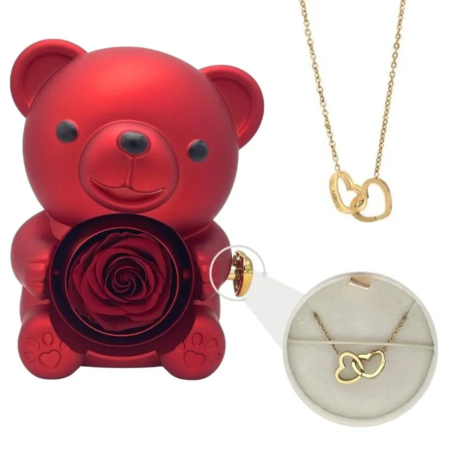 Eternal Bear Rose - W/ Engraved Necklace & Real Rose