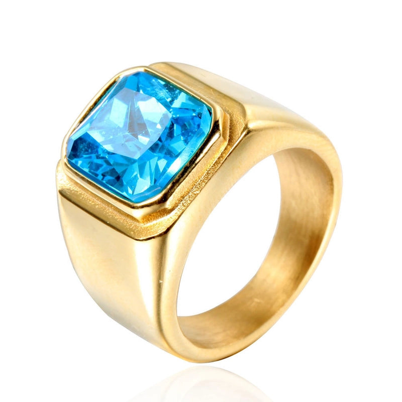 Retro Square Titanium Steel Inlay Gem Glass Stone 18K Gold Plated Men’S Rings