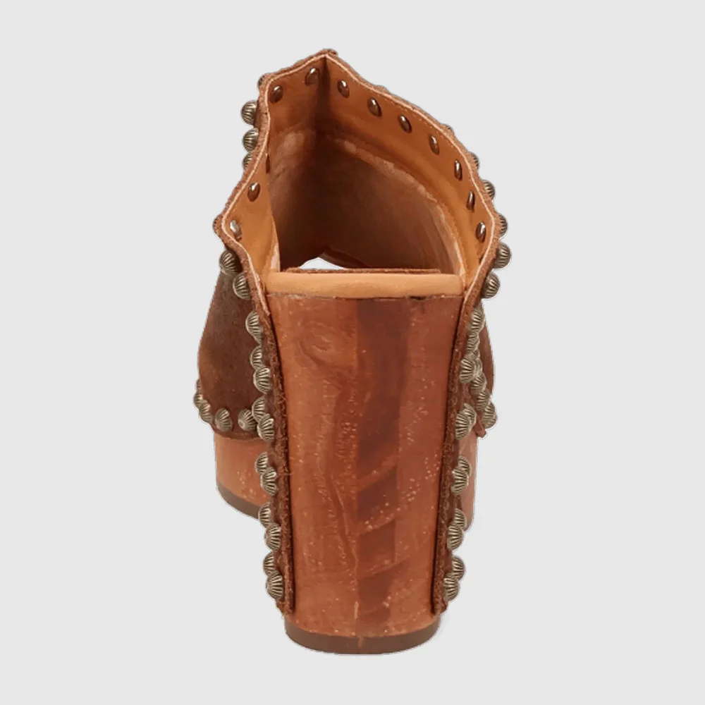 Peep Toe Block Heel Studded Clogs Brown Platform Slip On Sandals