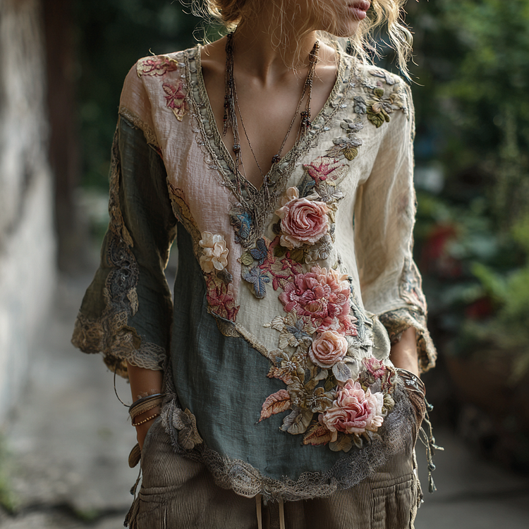 VChics Women's Vintage Rose Floral Linen Shirt