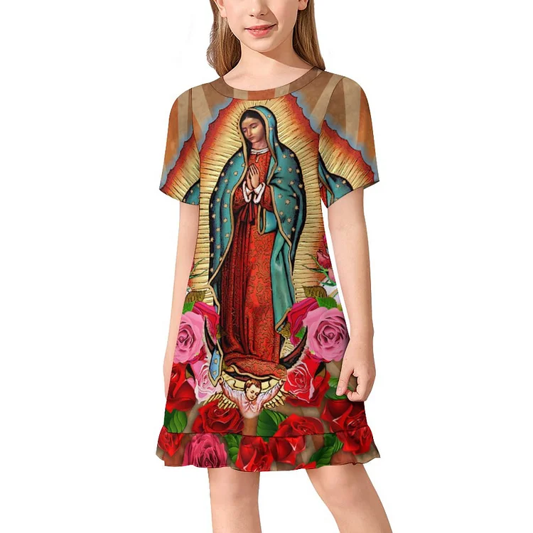 Virgin Mary Our Lady Of Guadalupe Girls Crew Neck Basic Print Sundress Loose Fit Parent-Child Dresses - Heather Prints Shirts