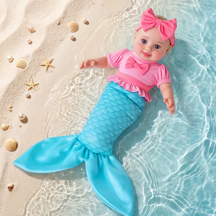 Babeside Nico 15" Smiling Mermaid Baby Doll with Aqua Tail & Pink Bow Outfit