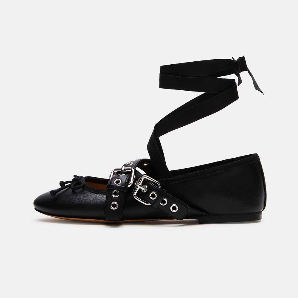 Black Round Toe Flat Lace Up Ballet with Bow Nicepairs