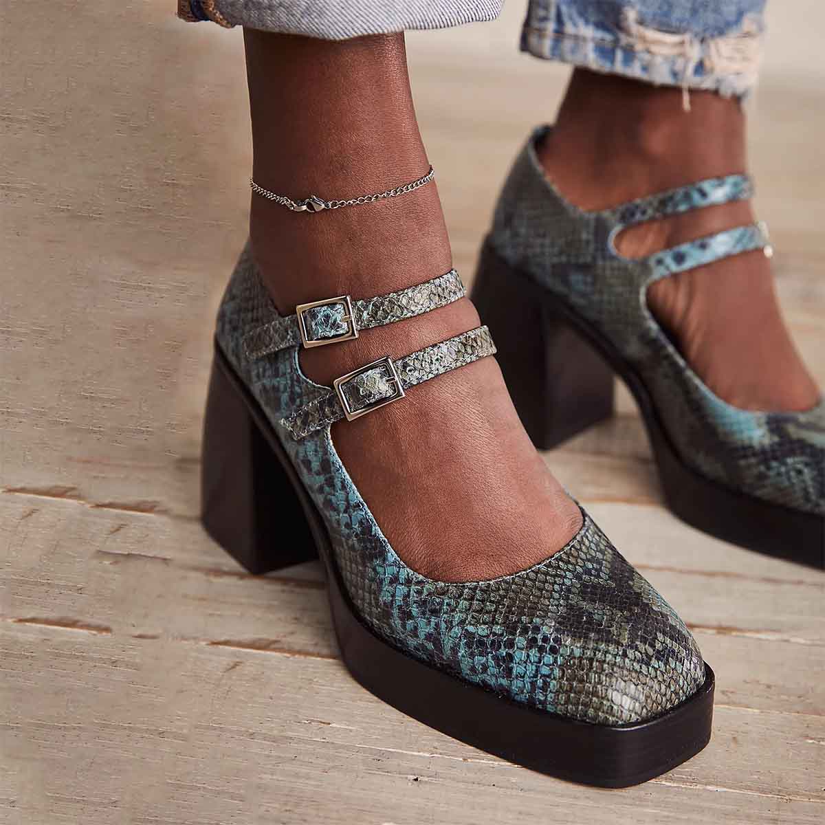Multicolor Snakeskin Square Toe Chunky Heel Ankle Strap Platform Pumps Nicepairs