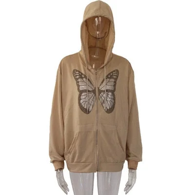 Y2K Fashion Oversized Butterfly Graphic Rhinestone Zip Up Hoodies E-Girl Streetwear Diamond Grey Long Jacket Hoodie Hip Hop Tops