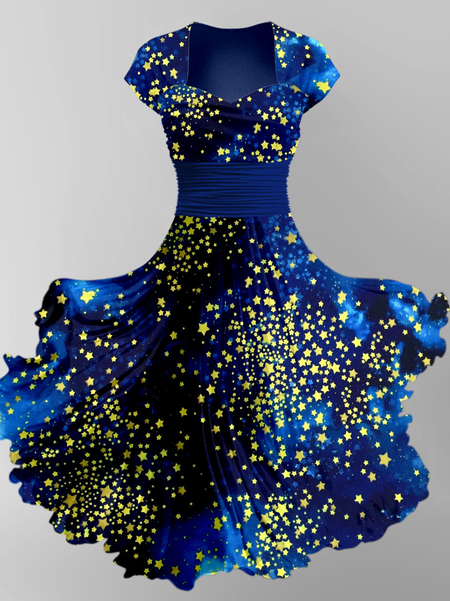 Gold Star Art Print Vintage Chic Short Sleeve Midi Dress